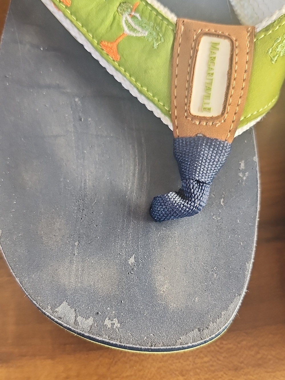 Margaritaville Navy Blue & Bright Green "Rita Time" Leather Upper Flip Flops, 8 - Picture 10 of 11